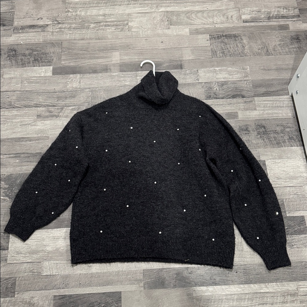 Dark grey Turtleneck Sweater with Pearl Accents